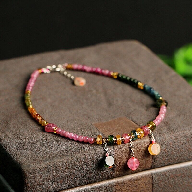 925 Silver Women Boho Natural Tourmaline  Anklet