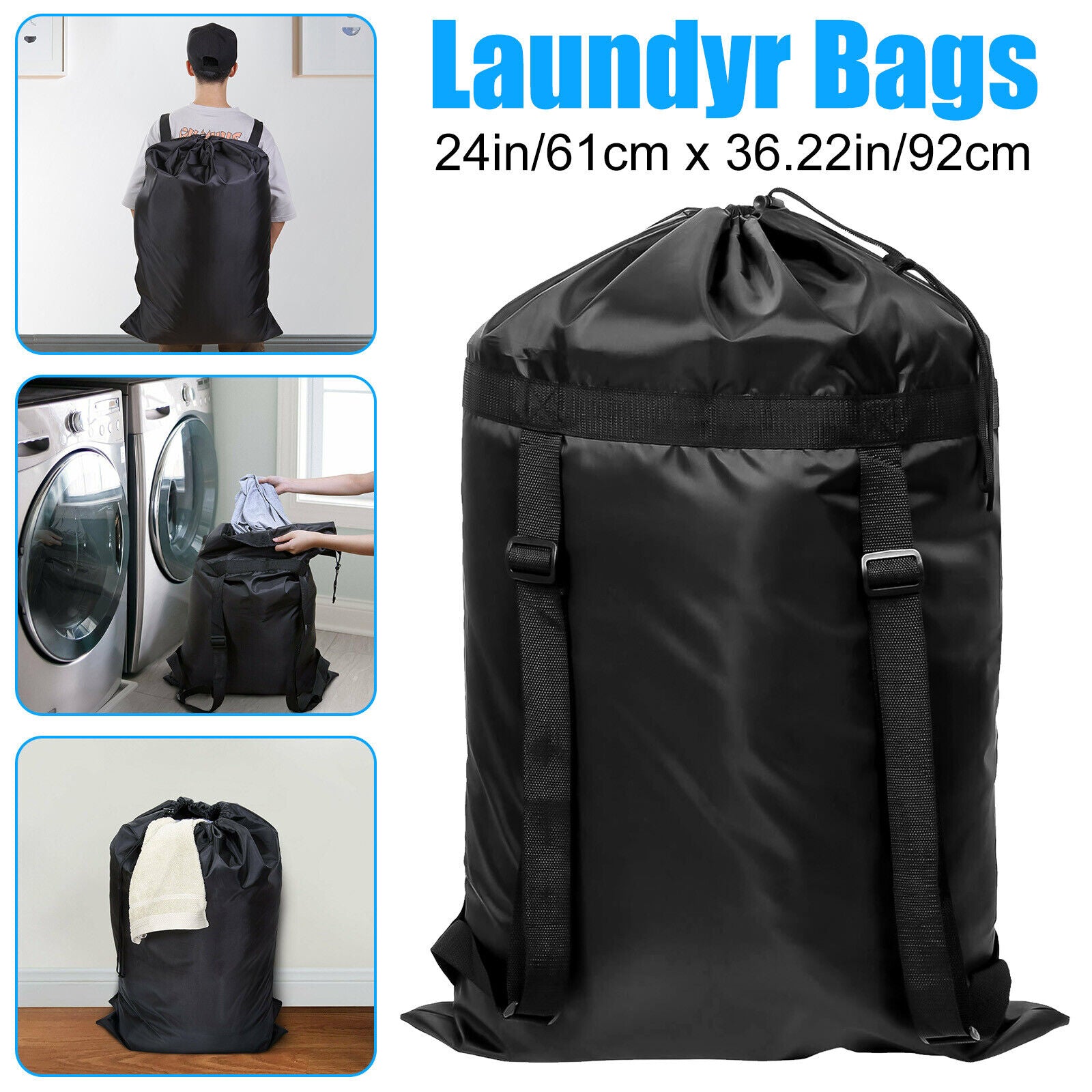 Heavy-Duty Black Drawstring Backpack Laundry Bag