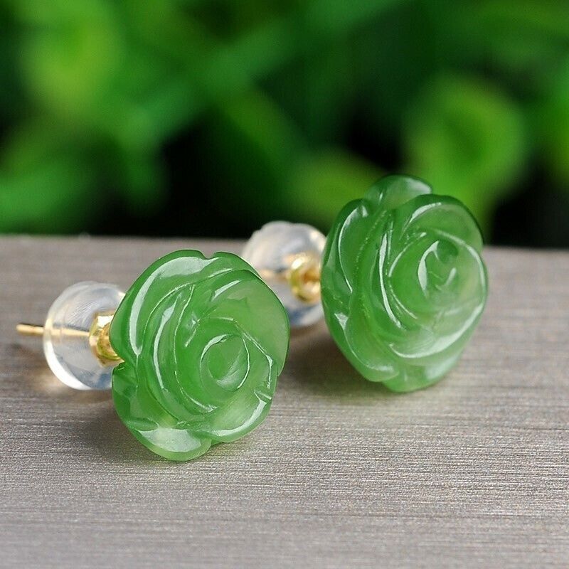 Hand Carved Green Jade Rose Flowe Earrings