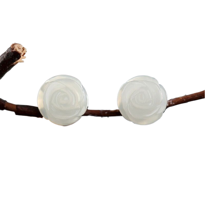 Hand Carved White Jade Rose Flower Shaped Healing Dainty Stud Earrings