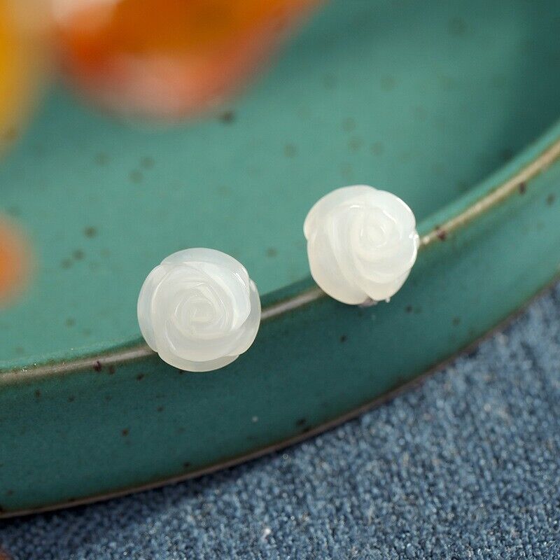 Hand Carved White Jade Rose Flower Shaped Healing Dainty Stud Earrings