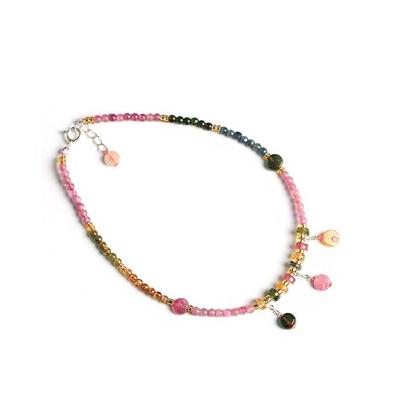 925 Silver Women Boho Natural Tourmaline  Anklet