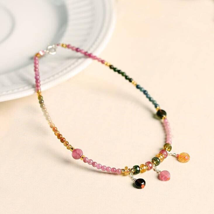 925 Silver Women Boho Natural Tourmaline  Anklet