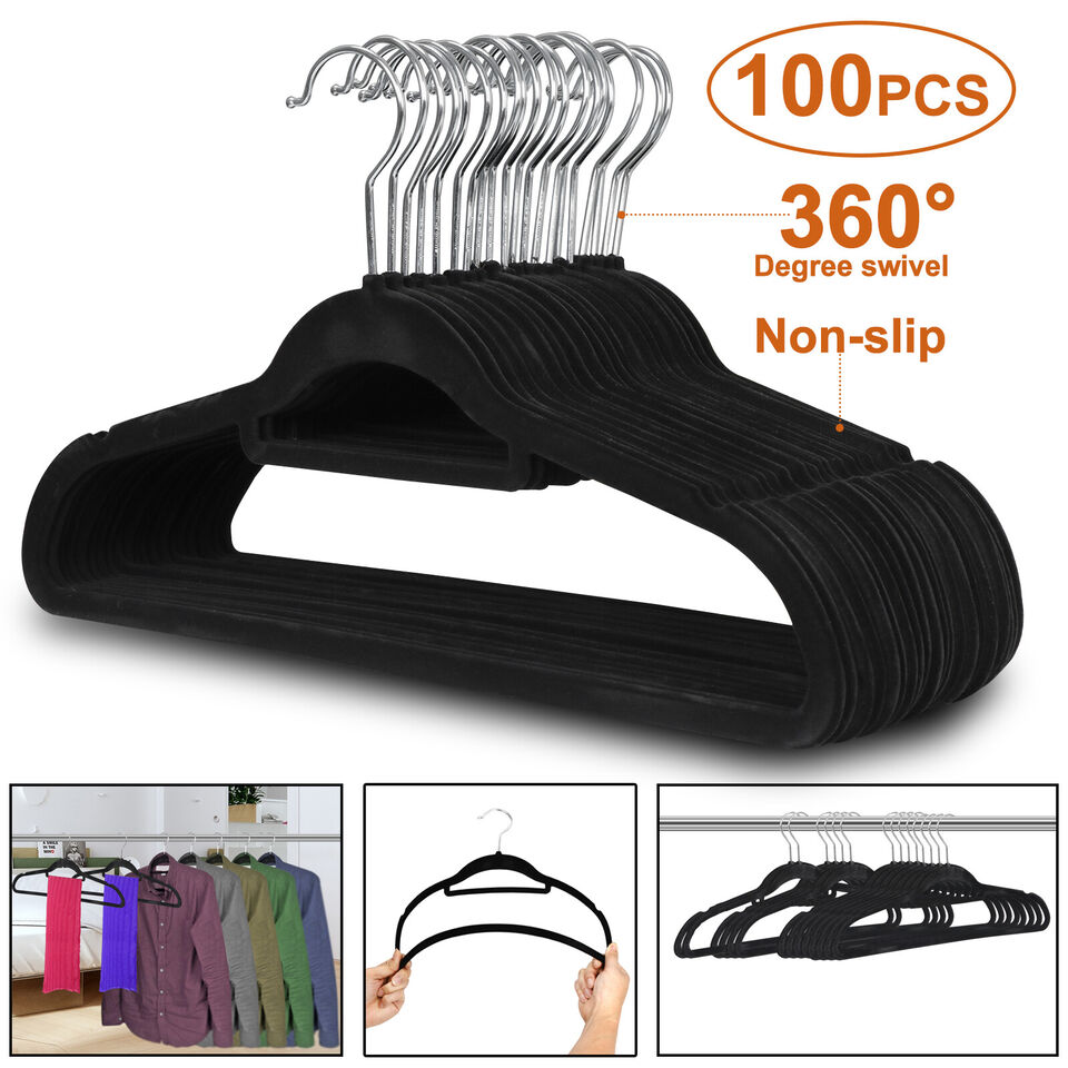 100PCS Black Velvet Hangers Non-Slip