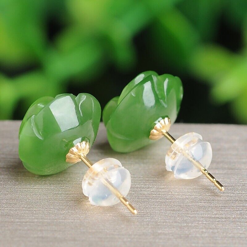 Hand Carved Green Jade Rose Flowe Earrings