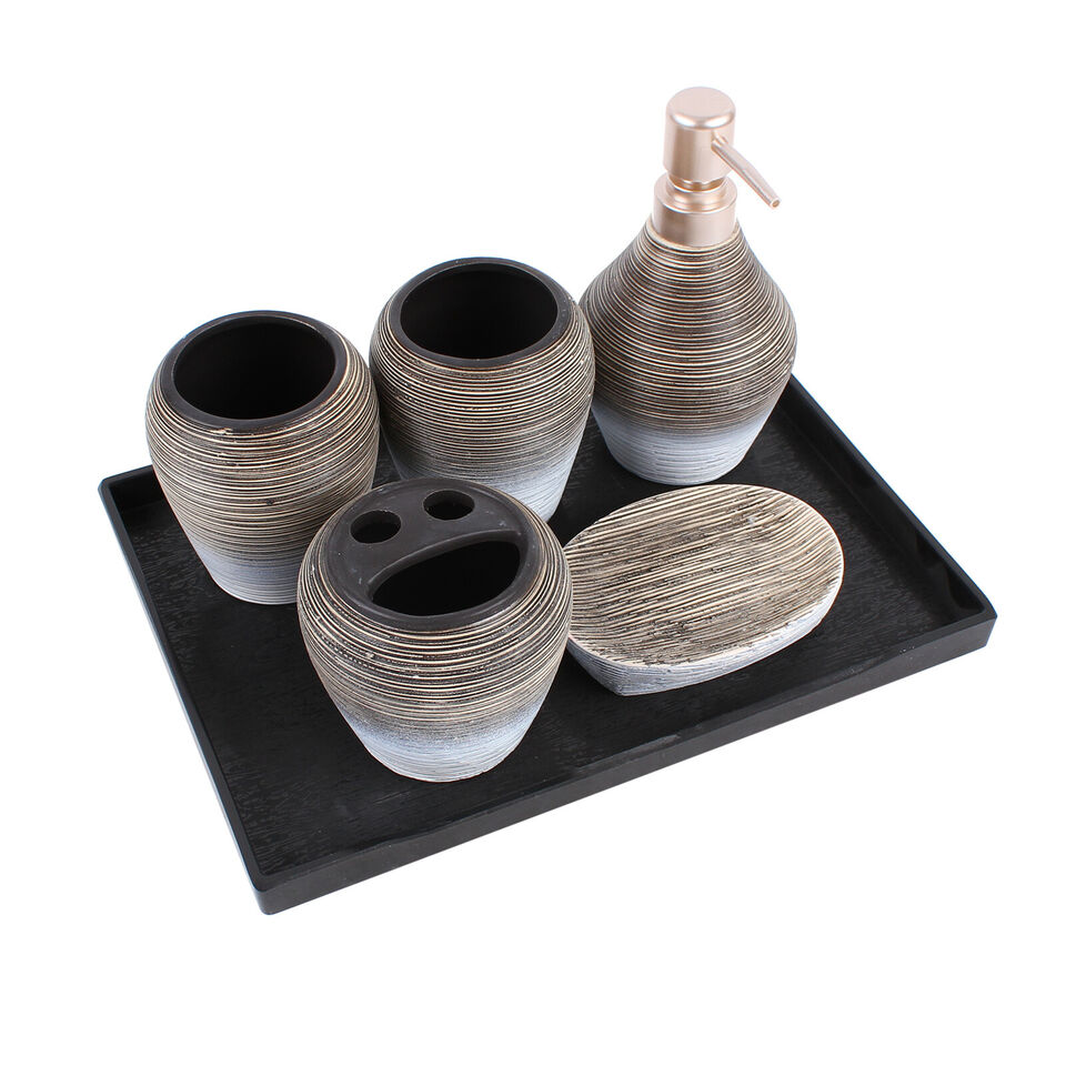 6 Pcs Ceramics Bathroom Accessory Set w/ Tray in Gray