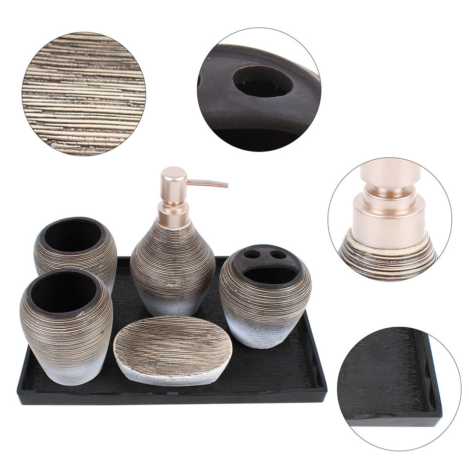 6 Pcs Ceramics Bathroom Accessory Set w/ Tray in Gray