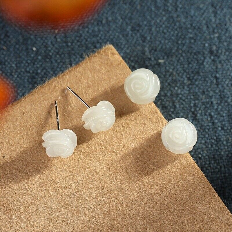 Hand Carved White Jade Rose Flower Shaped Healing Dainty Stud Earrings