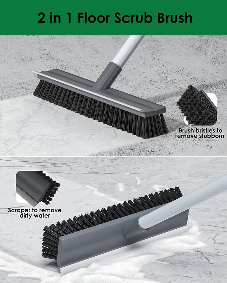 2-in-1 Floor Scrub Brush with Adjustable 17"-55" Stiff Bristle Handle