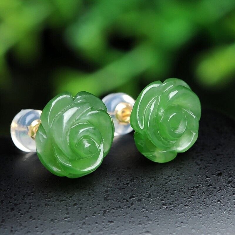 Hand Carved Green Jade Rose Flowe Earrings