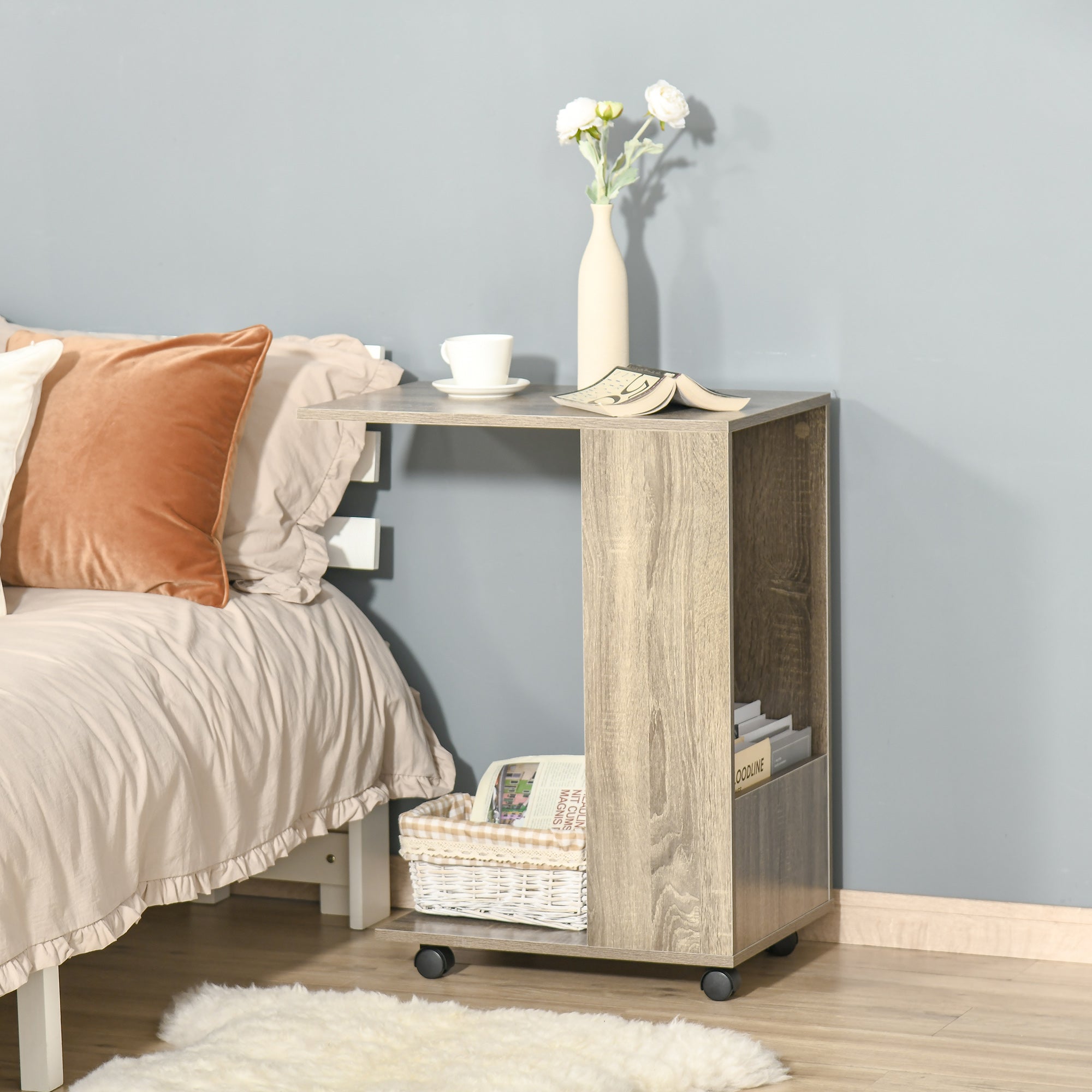 C-Shape Sofa Side Table Storage and Casters