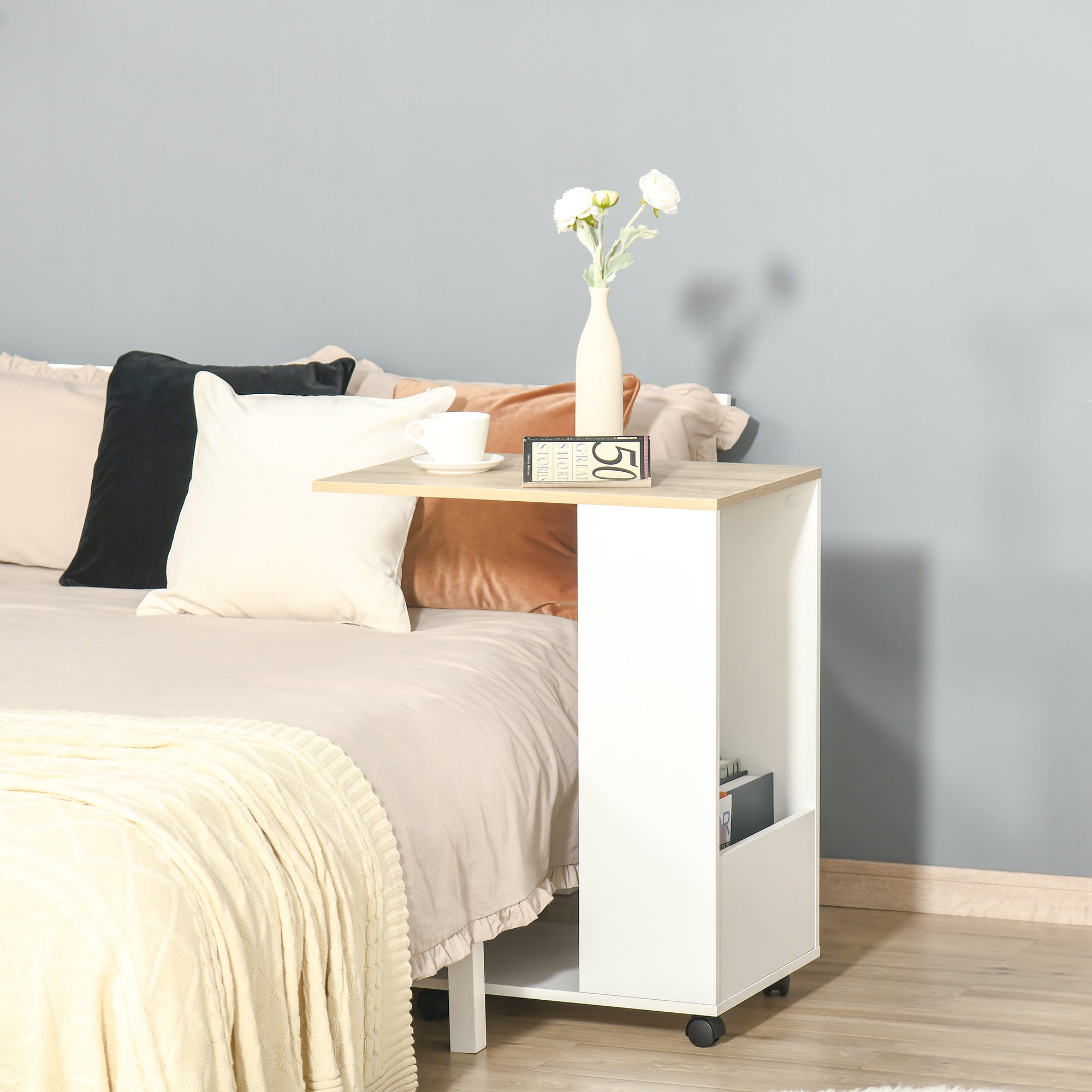 C-Shape Sofa Side Table Storage and Casters