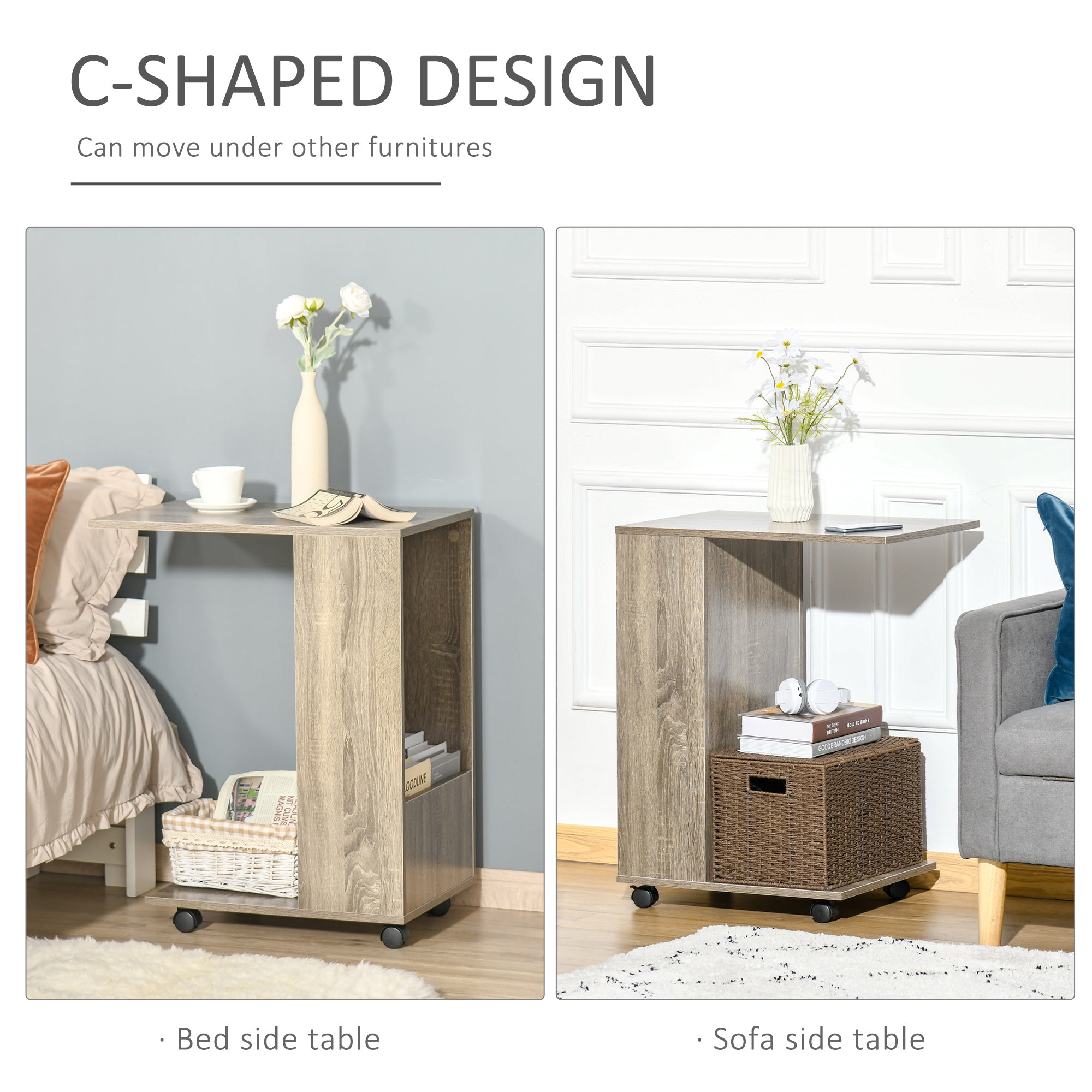 C-Shape Sofa Side Table Storage and Casters