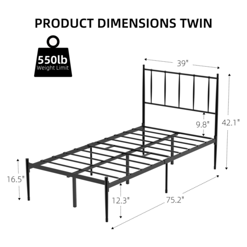 Metal Platform Bed Frame with Headboard Foundation