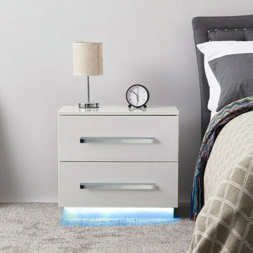 White Modern Nightstand with LED Light Bedside End Table