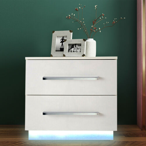 White Modern Nightstand with LED Light Bedside End Table