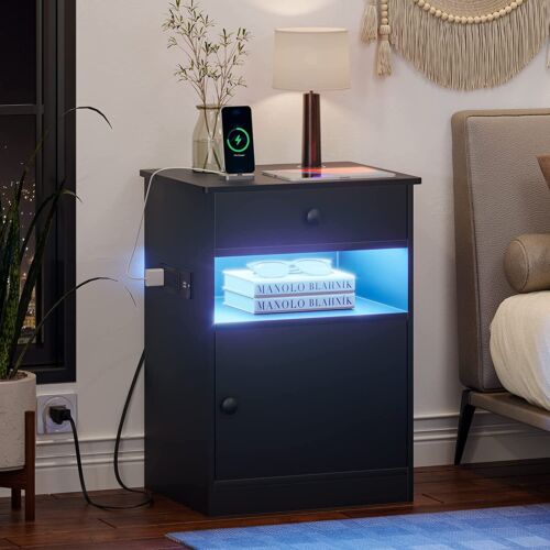 LED Light Bedside Table with Storage Drawer