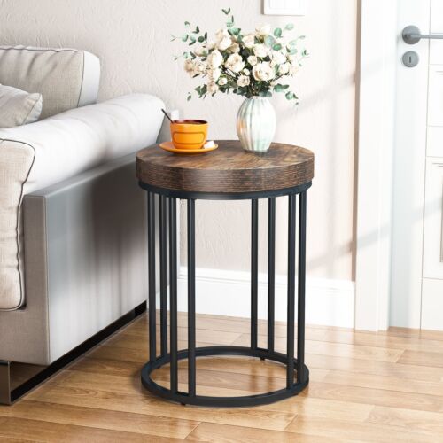 Wood Round End Table with Metal Frame