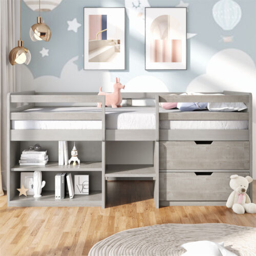 Wood Frame Two Storage Twin Size Loft Bed